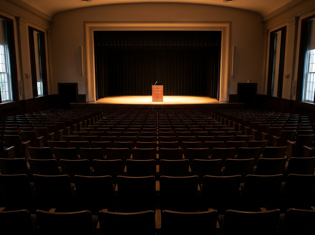 View of a brightly lit stage from the back of an empty school auditorium.