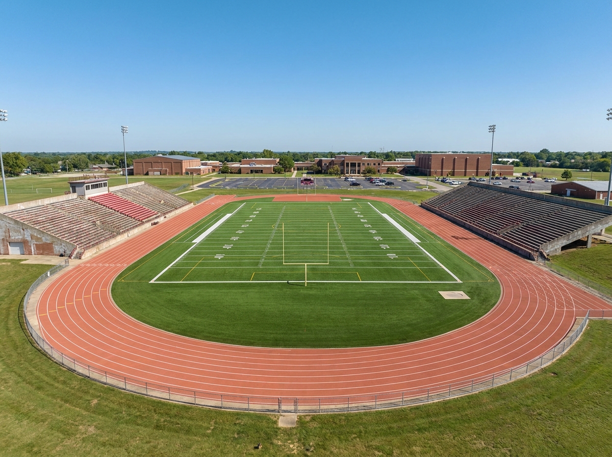 An empty school sports field with bleachers, ready for a game.