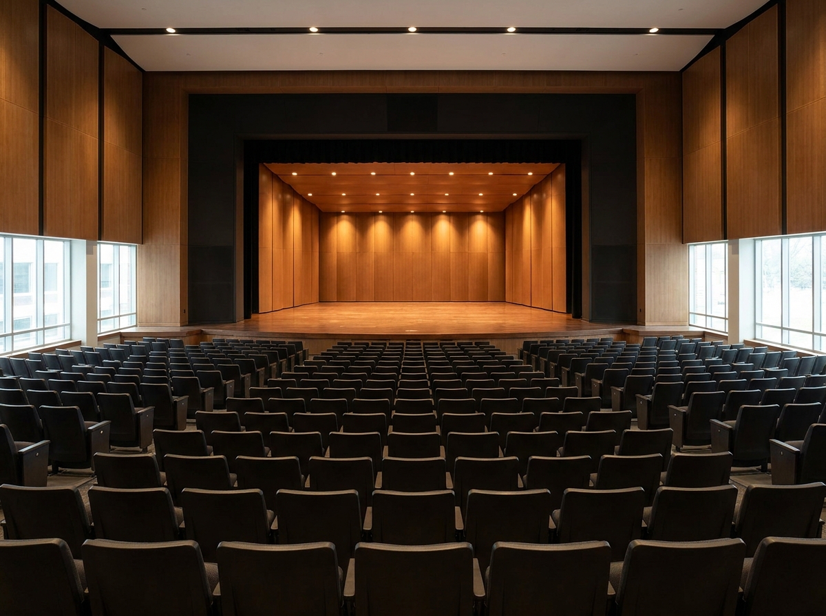 An empty school auditorium stage prepared for a student production.