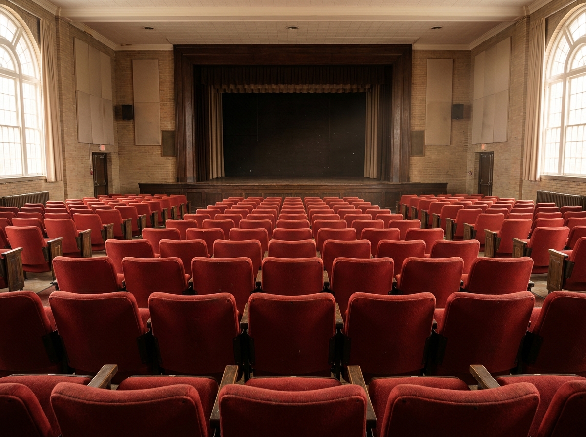 Empty seats in a school theater waiting for an audience.