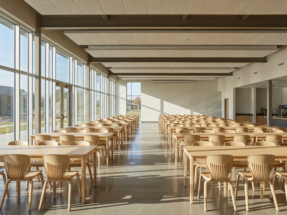A school common area prepared for an event using education event management tools.