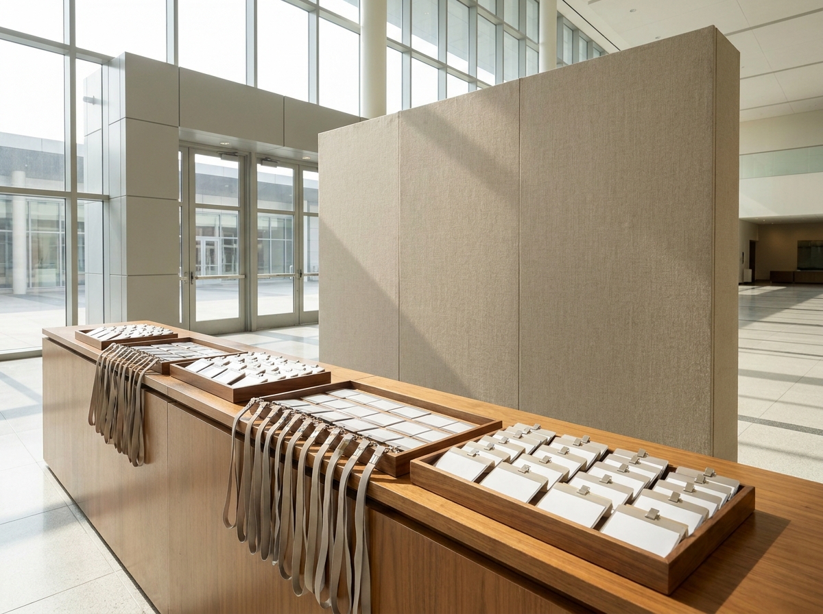 A professional registration area set up for a corporate event.