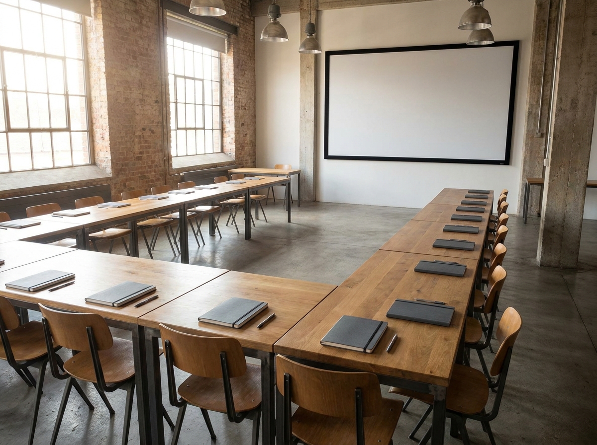 A professional workshop room prepared for a small business event.
