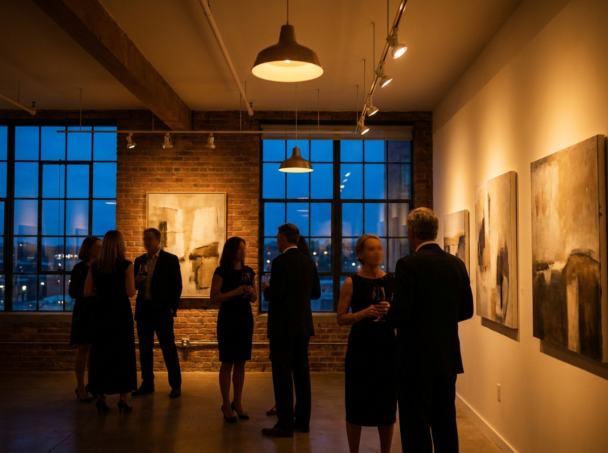 Attendees at a small art gallery opening, an example of a professional intimate event.