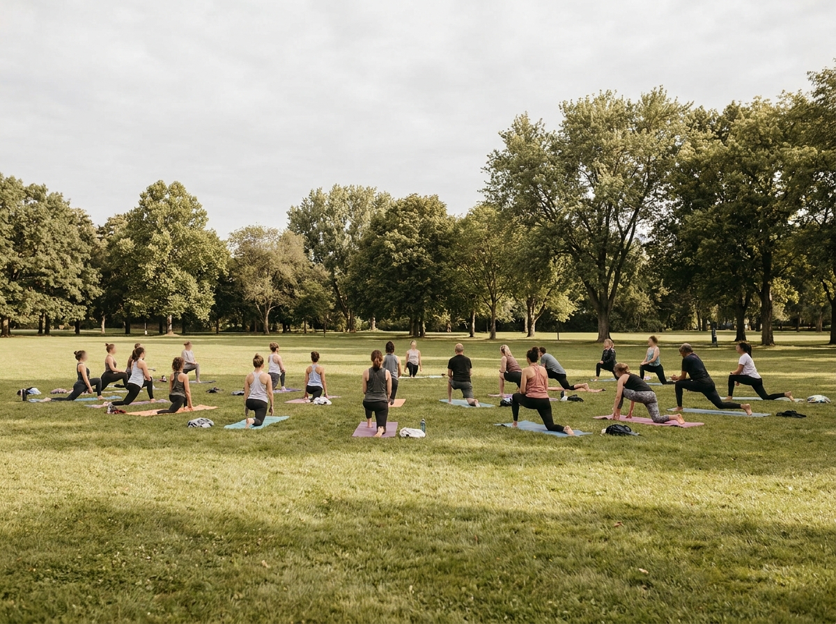 A small group participating in an outdoor community yoga class.