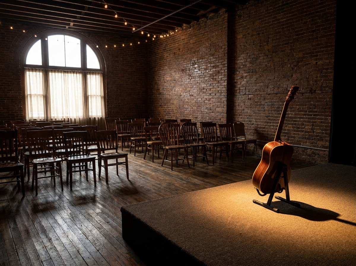 The stage and seating for a small, intimate music event before doors open.