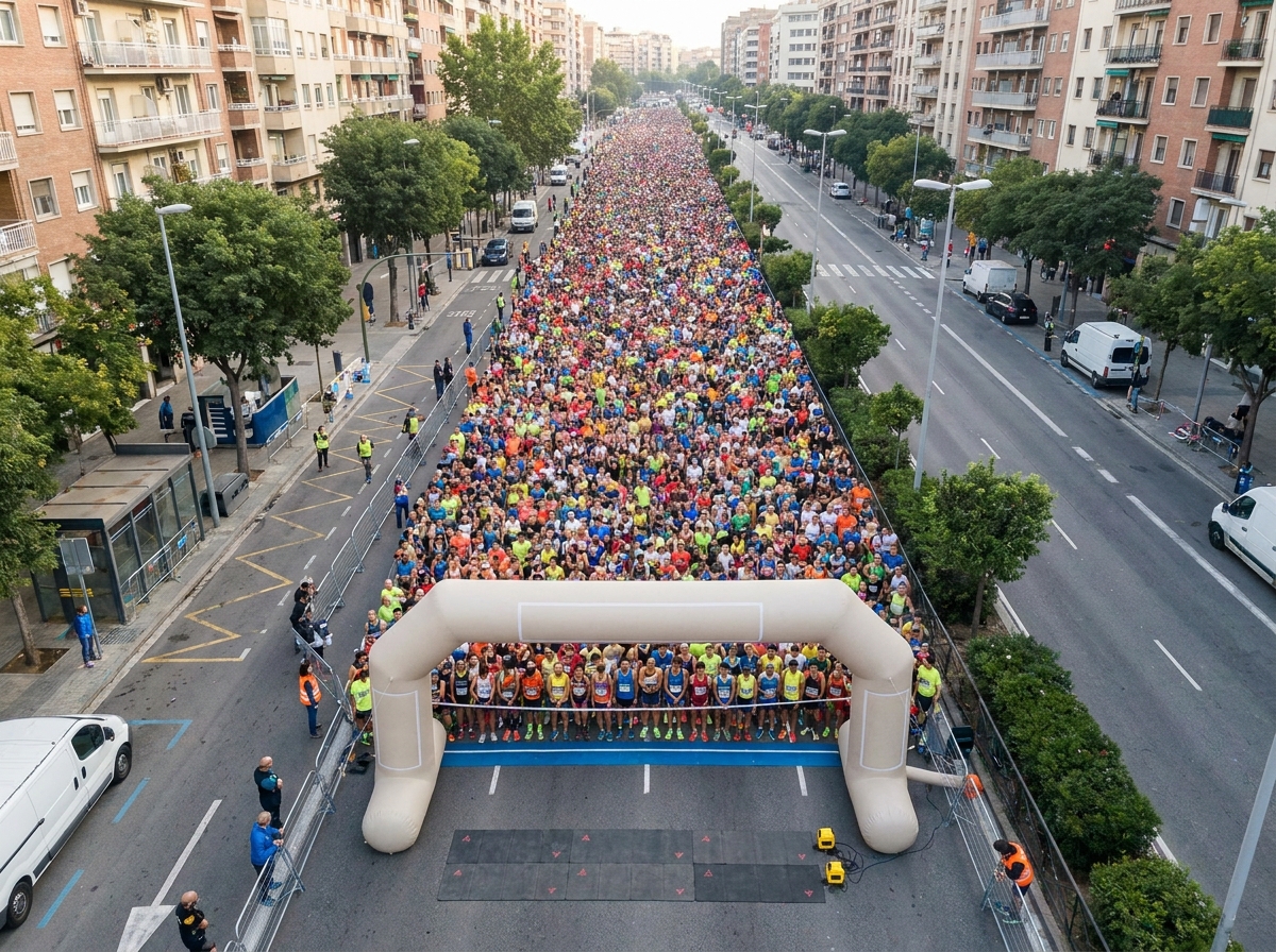 A large crowd of runners at the start of a city marathon.