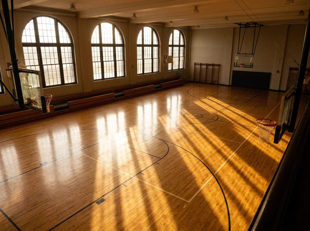 An empty basketball court ready for a tournament.