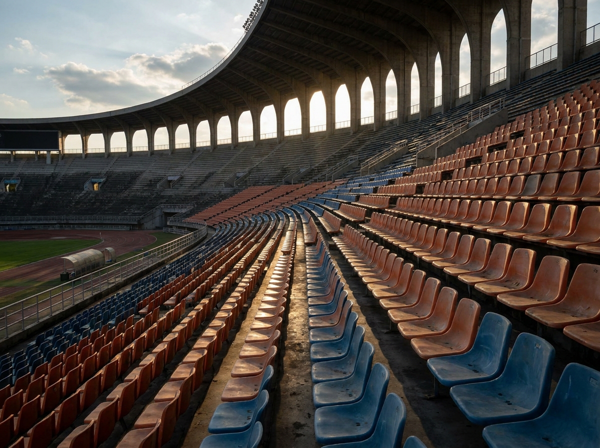 Empty seats in a large sports stadium, awaiting fans for an event.