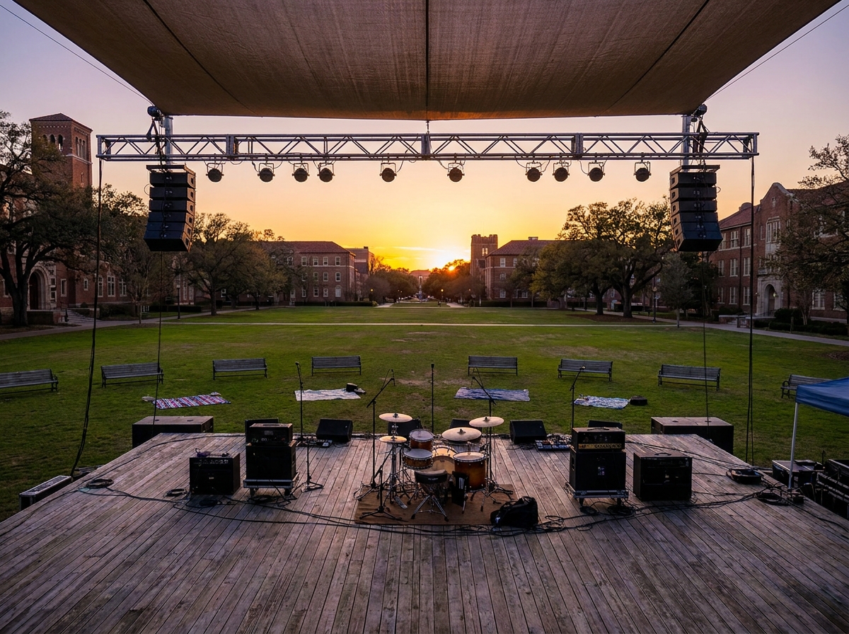 An outdoor stage on a college campus set for a student event.