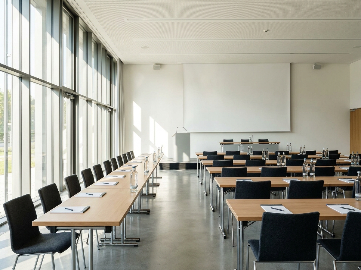A modern conference room prepared for a tech workshop.