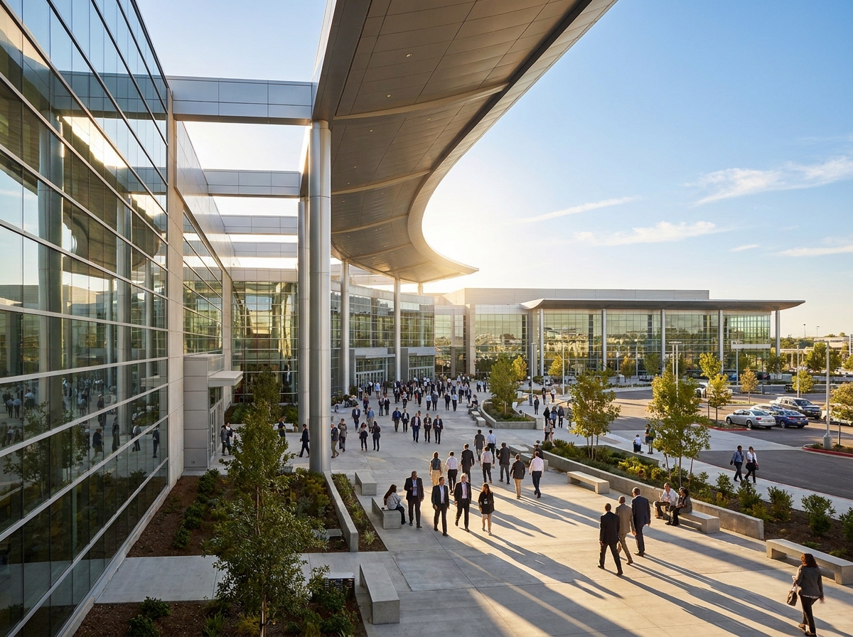 The exterior of a modern convention center during a tech event.