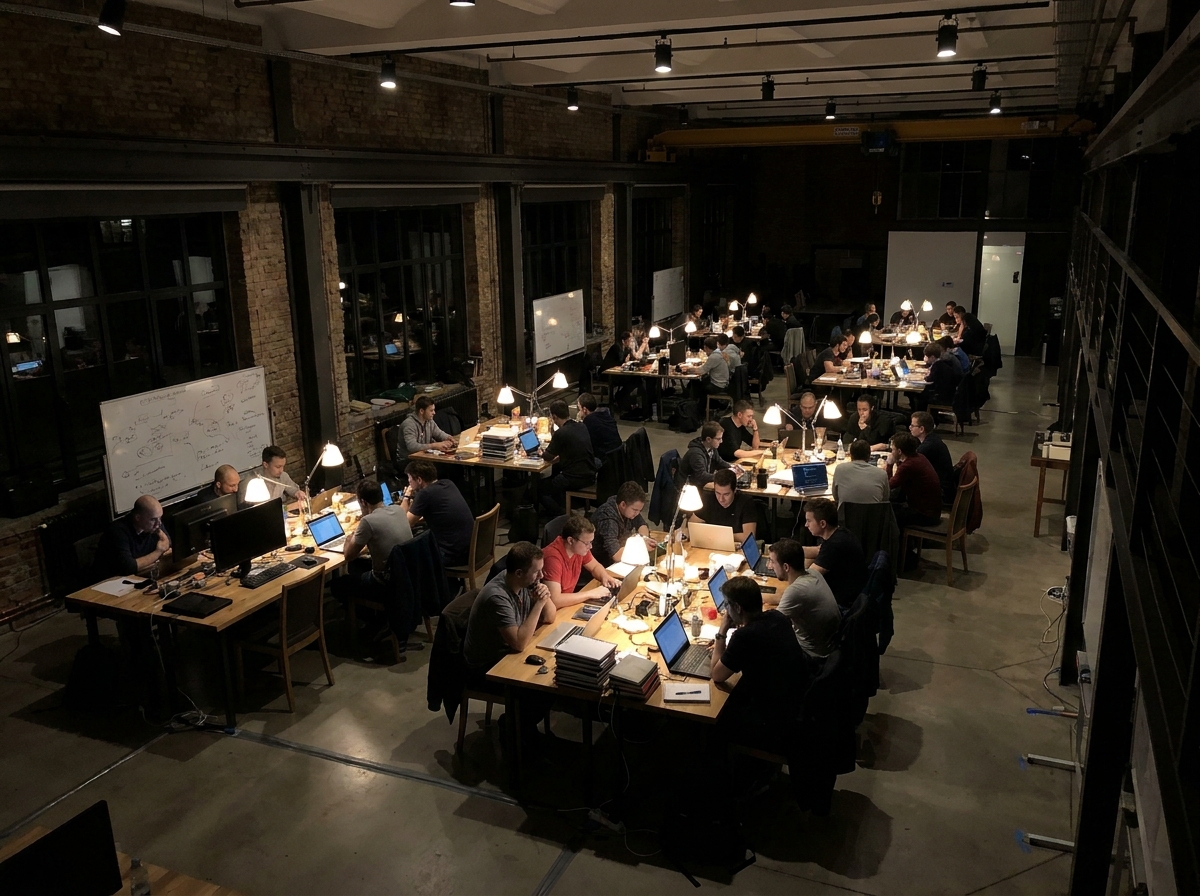 A wide view of several teams collaborating during a late-night hackathon event.