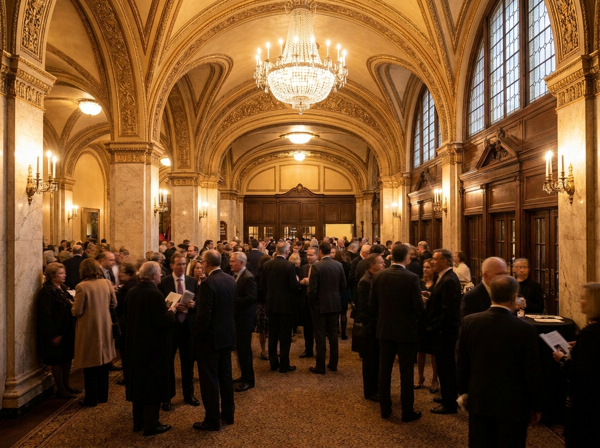 The bustling lobby of a grand theater before a performance, filled with patrons.