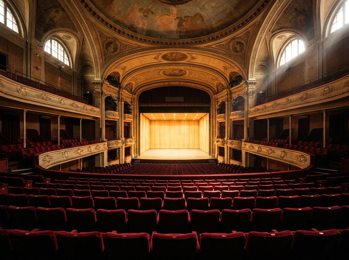 Rows of empty red velvet seats in a large performing arts theater, viewed from the back.