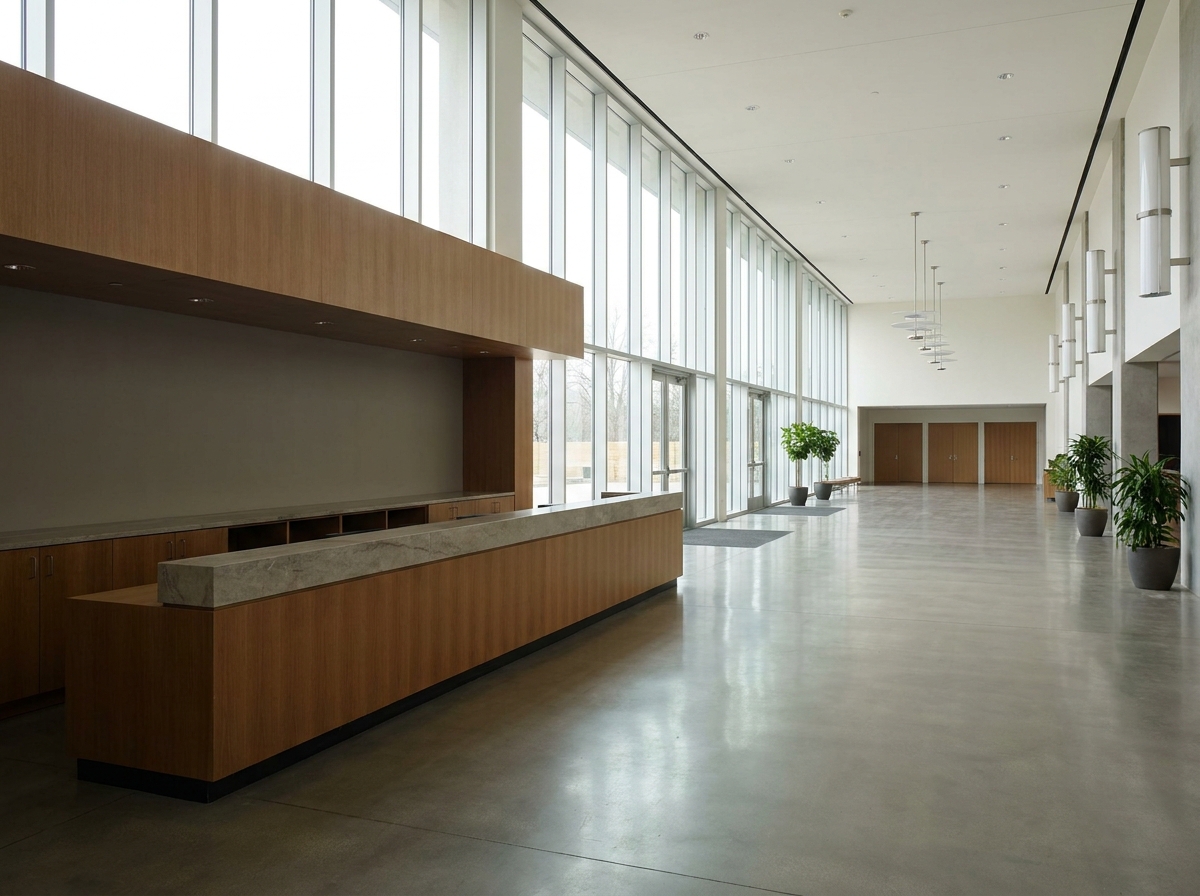 A clean, modern, and empty theater box office ready to serve patrons.