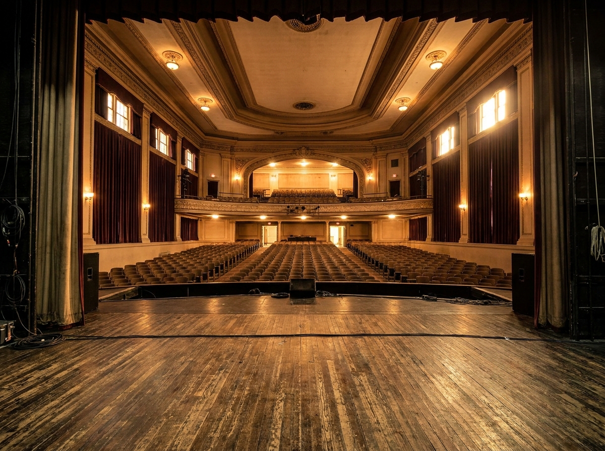 A view from the stage wings of an empty theater auditorium with rows of seats.