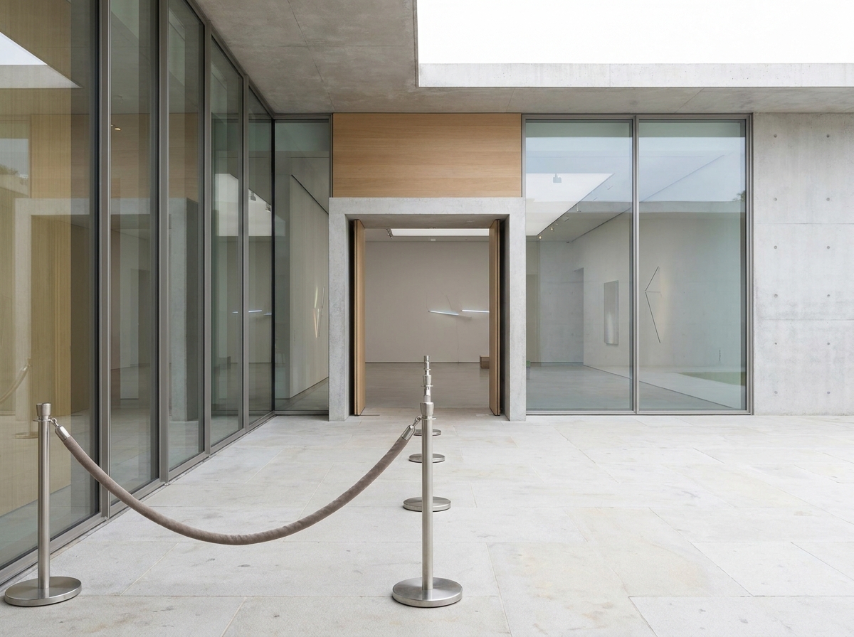 An organized entrance to an art exhibit, ready for timed admission check-in.