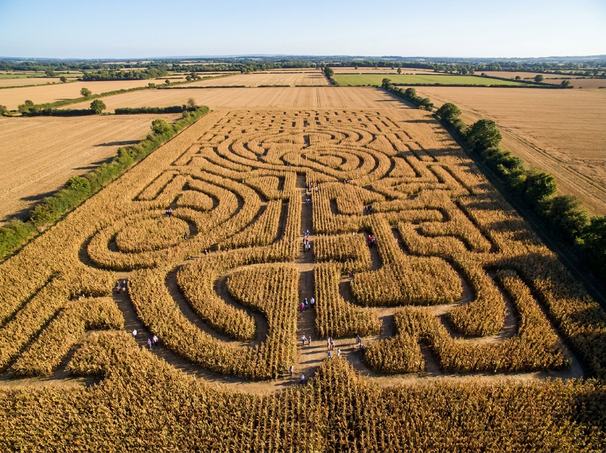 An aerial view of a corn maze, an attraction that benefits from timed entry ticketing.