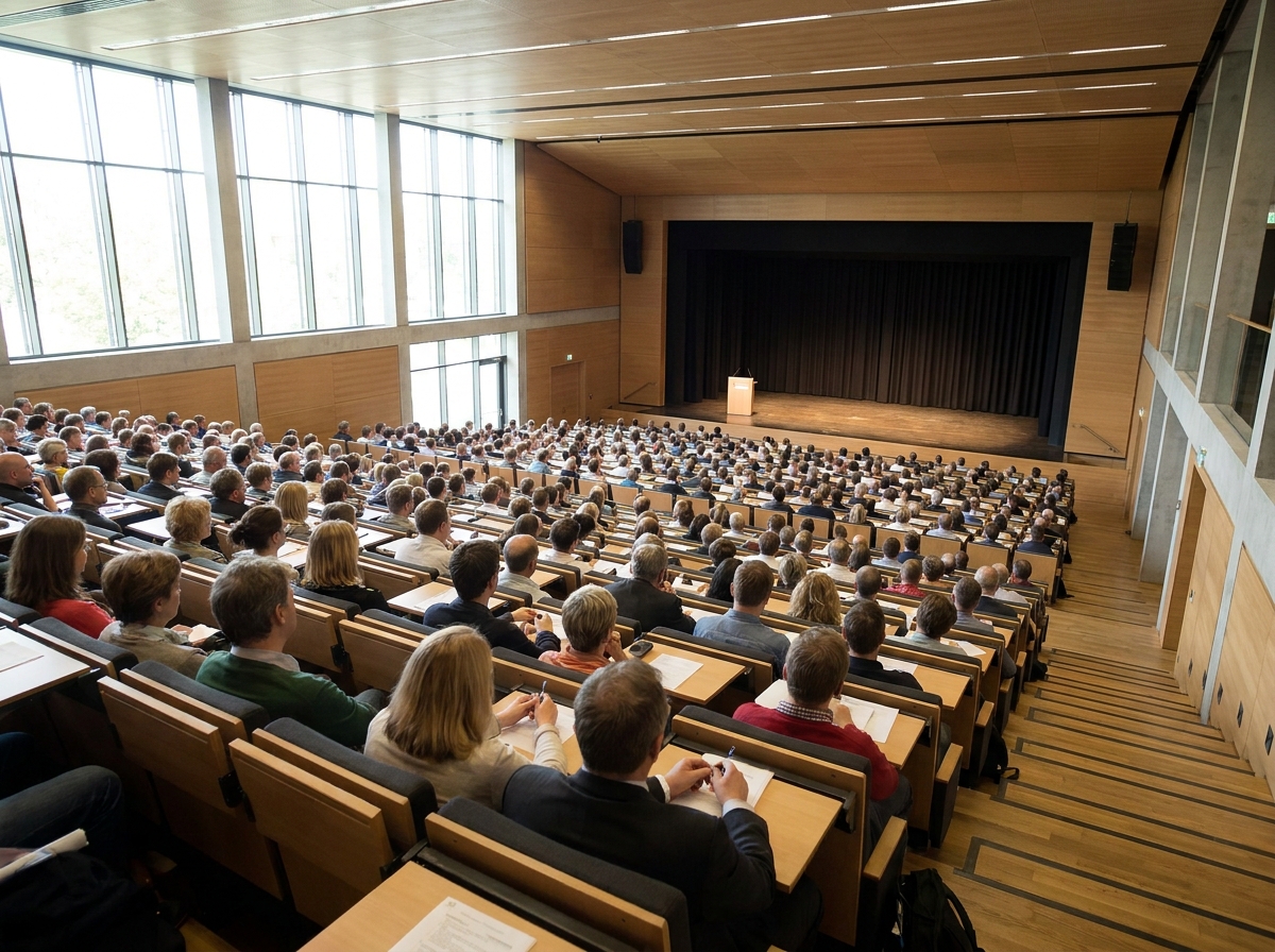A full lecture hall during a university event, viewed from the rear.