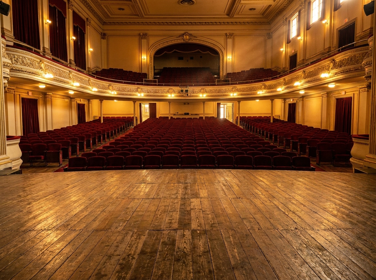 An empty university theater, ready for a performance or lecture.