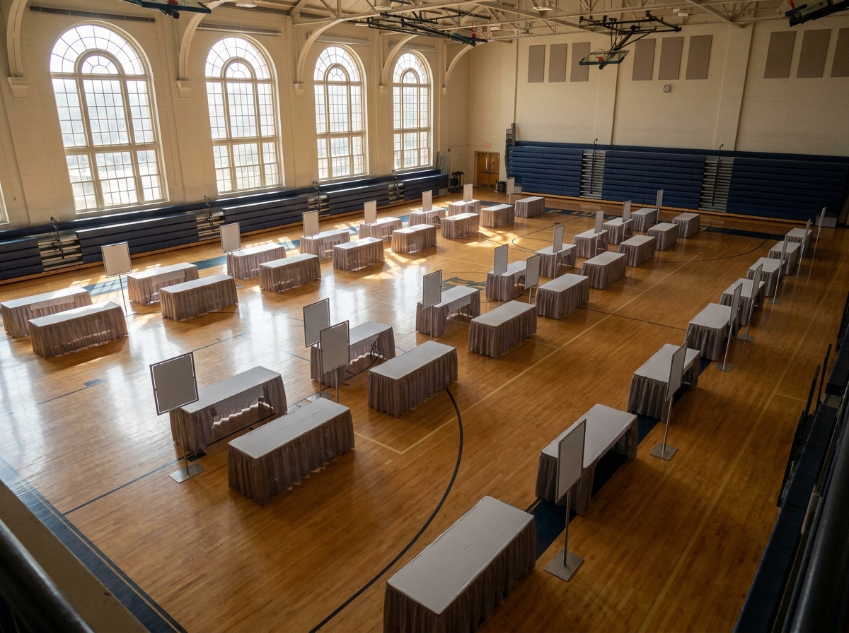 An empty university career fair hall, ready for students and employers.