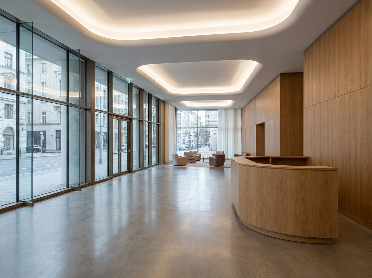 The empty, well-lit lobby of a modern performance venue.
