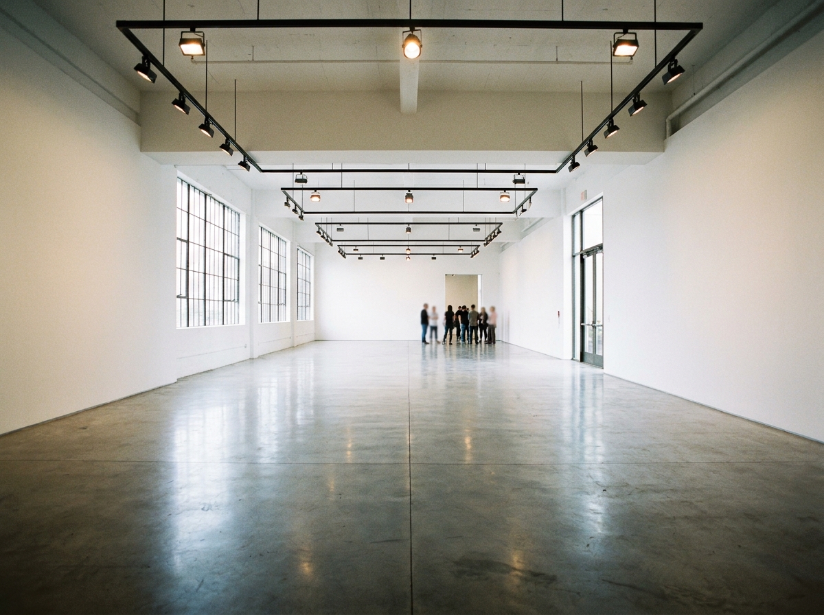 An empty art gallery space configured for a venue event.
