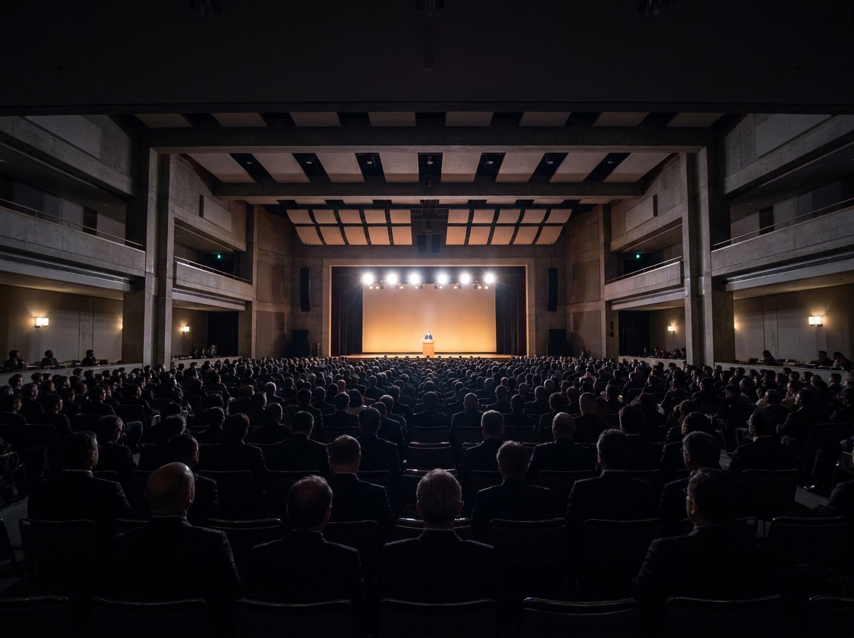 A full auditorium viewed from the back during a conference at a large venue.