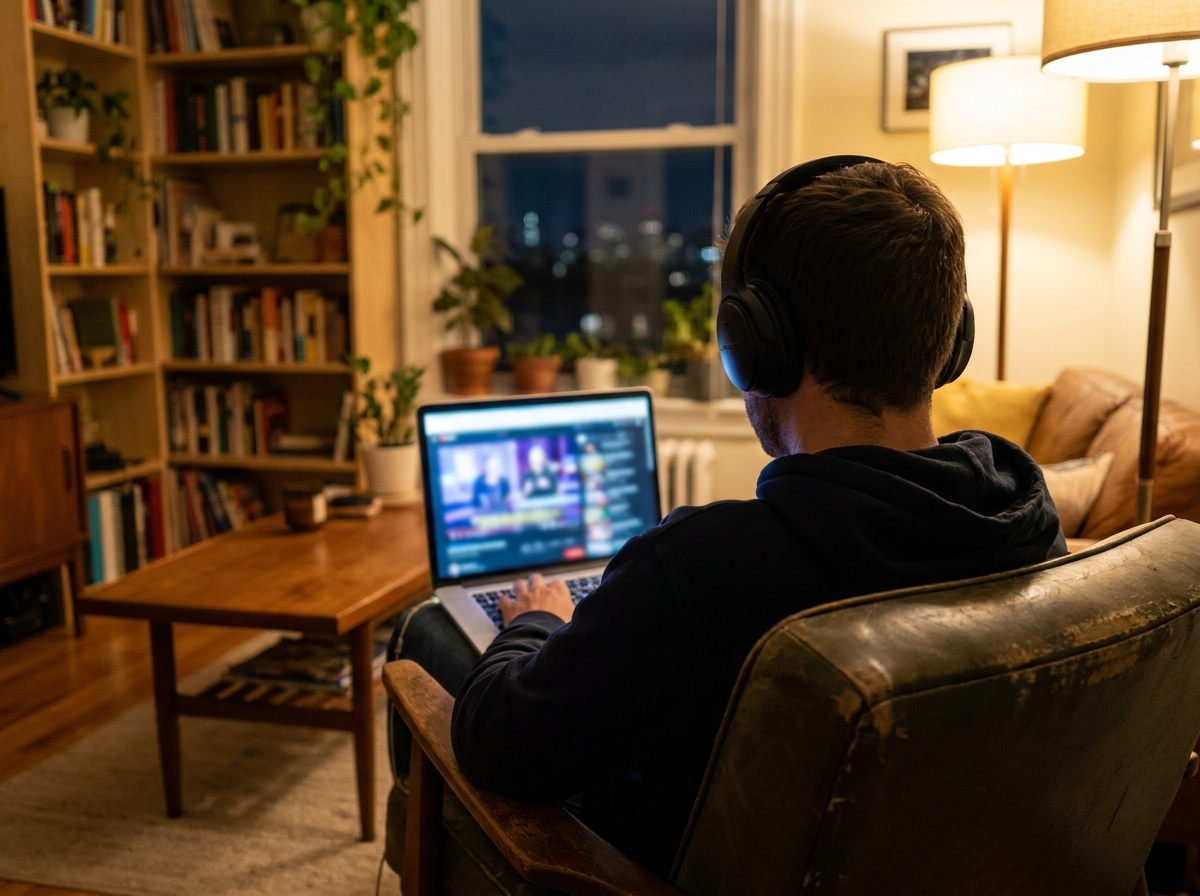An attendee participating in a virtual event from home, highlighting Eventbrite's global reach.