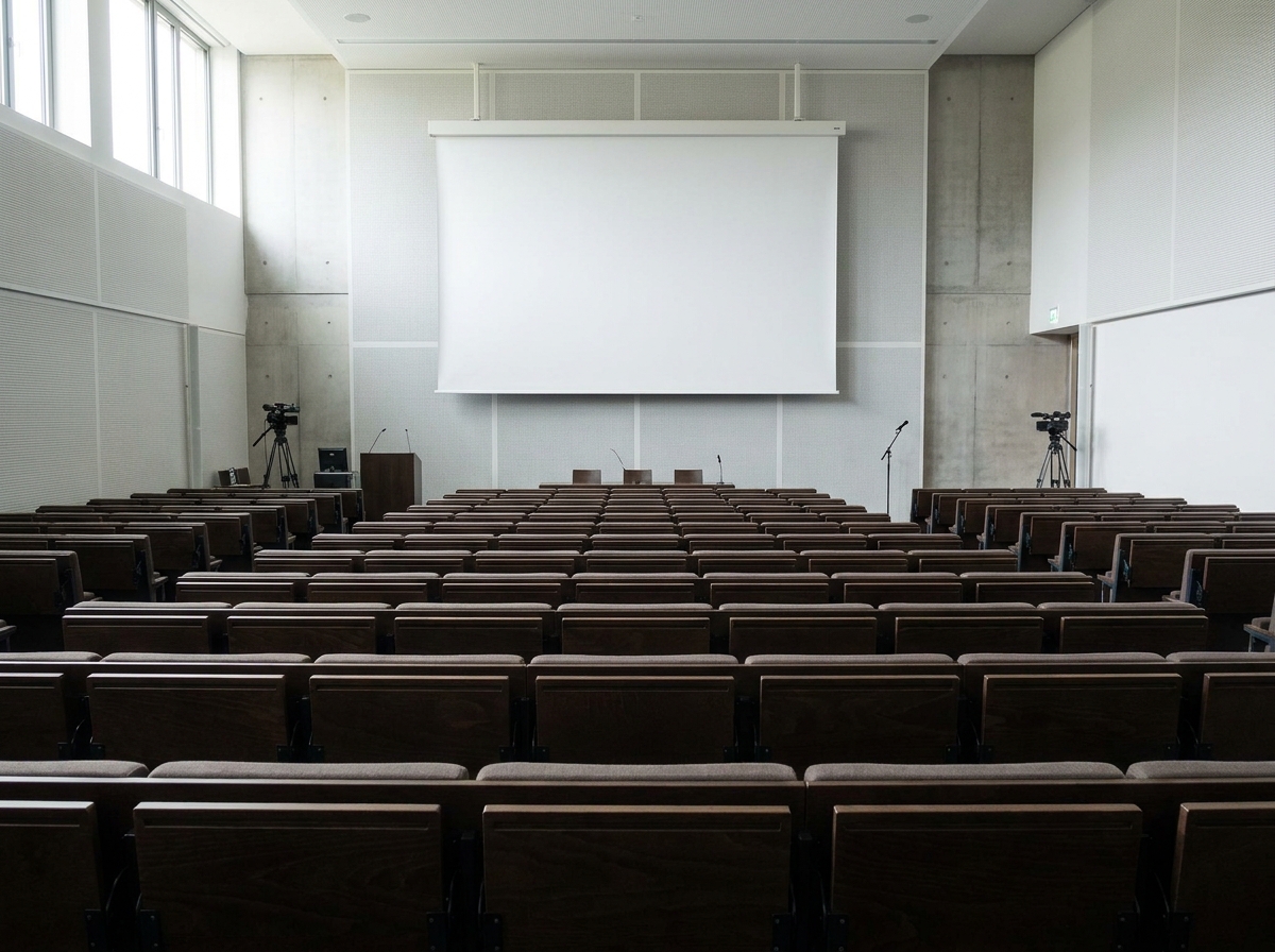An empty lecture hall prepared for a hybrid event, symbolizing streamlined attendee management.