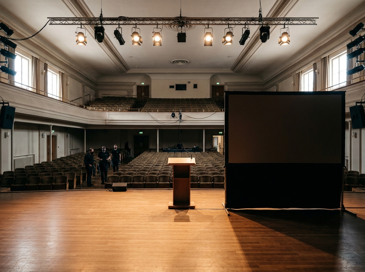 An empty, professionally lit stage ready for a virtual event broadcast.
