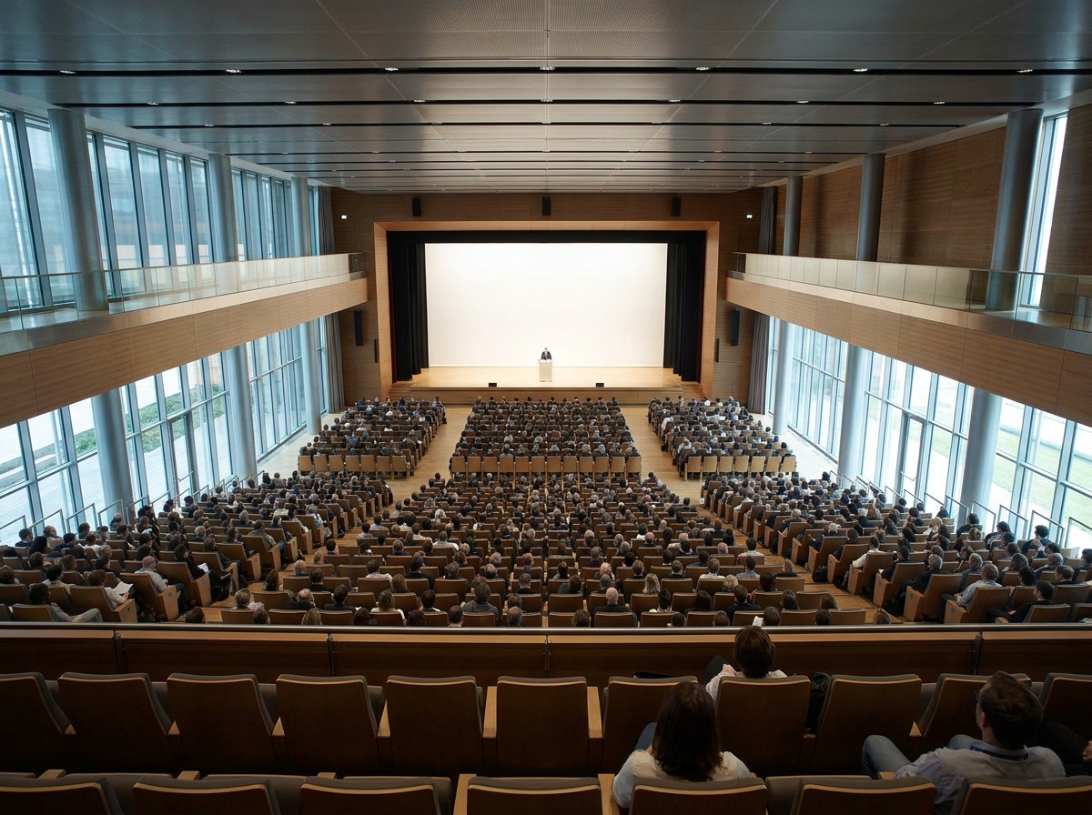 A large audience watches a speaker on stage at a hybrid conference.
