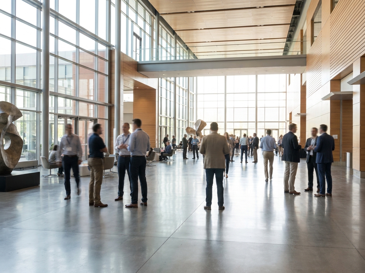 Attendees networking in the lobby of a conference center during a hybrid event.