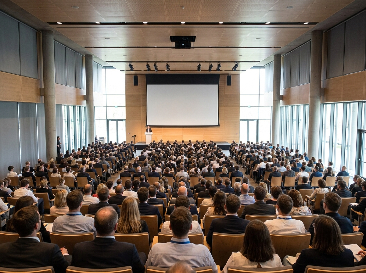 An auditorium prepared for a hybrid conference, with audience members seated.