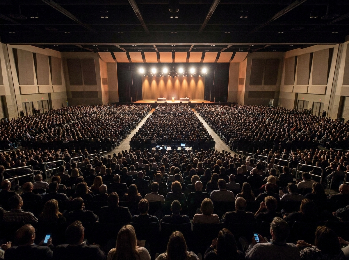 A full auditorium for a sold-out conference, illustrating the need for a waitlist for sold-out events.