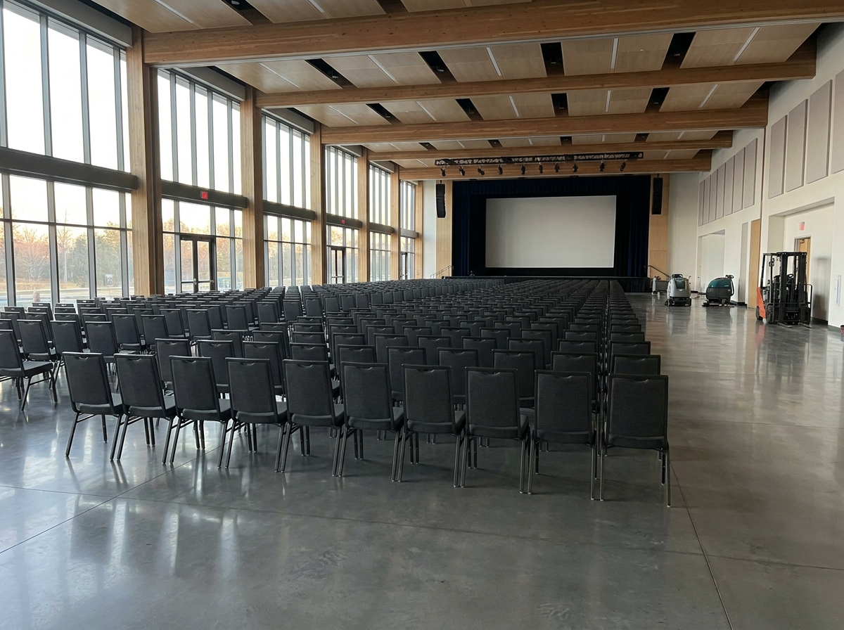 An organized event space ready for attendees, set up using an event waitlist platform.
