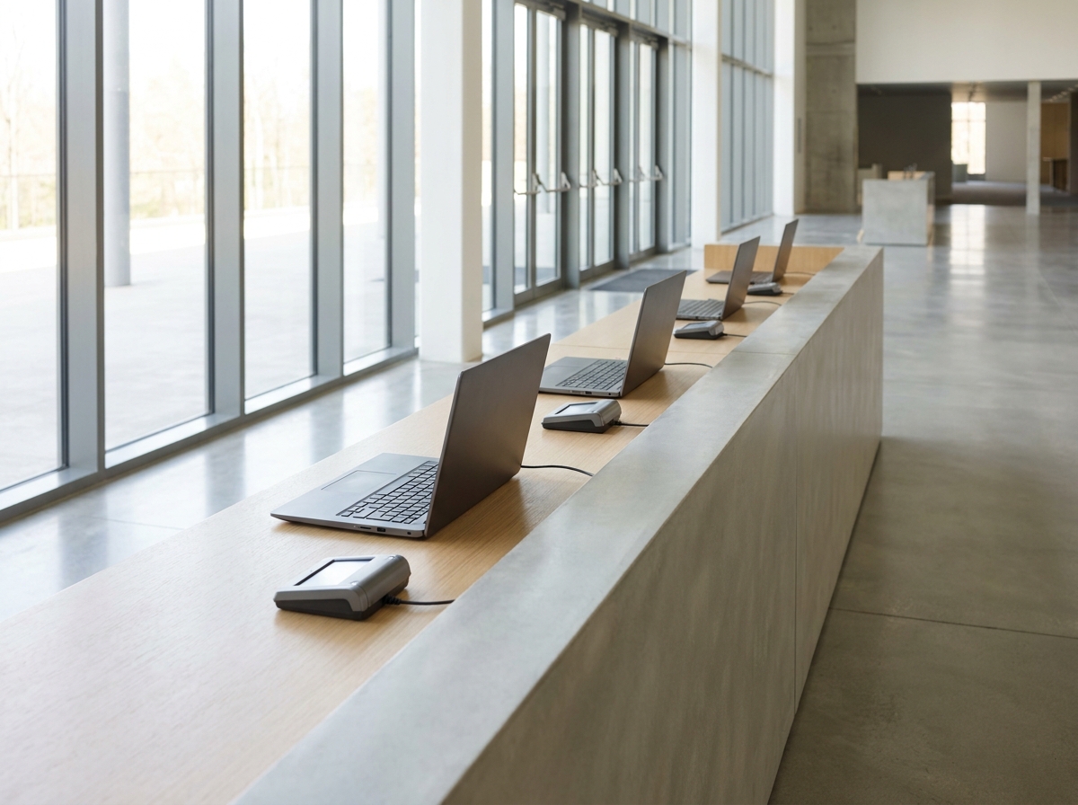 A sleek registration desk ready for a corporate event using custom branded ticketing.