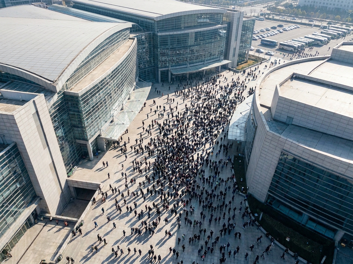 Attendees entering a large convention center for an event managed with scalable ticketing software.