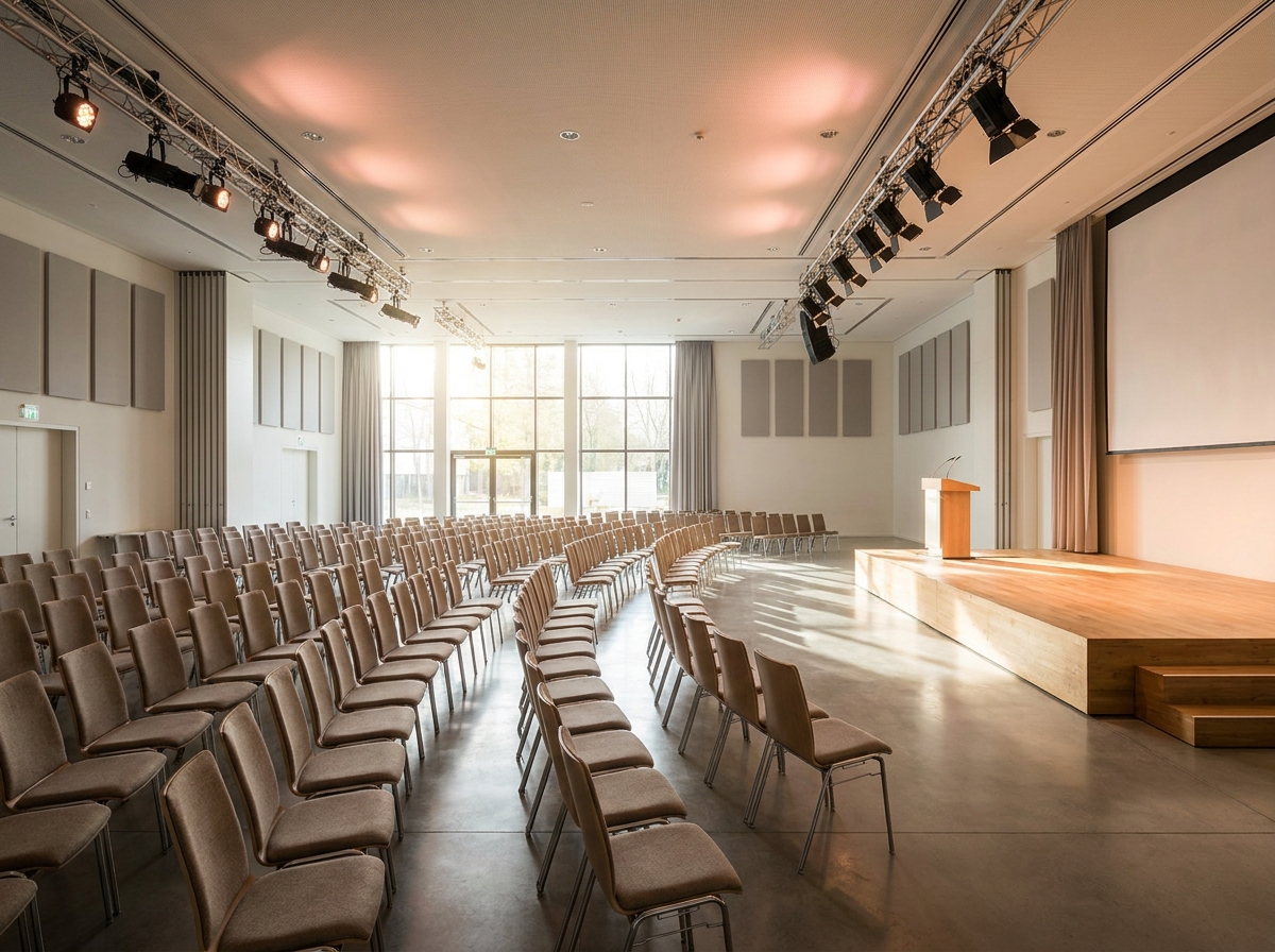 An empty conference room prepared for a session managed by an event ticketing platform.