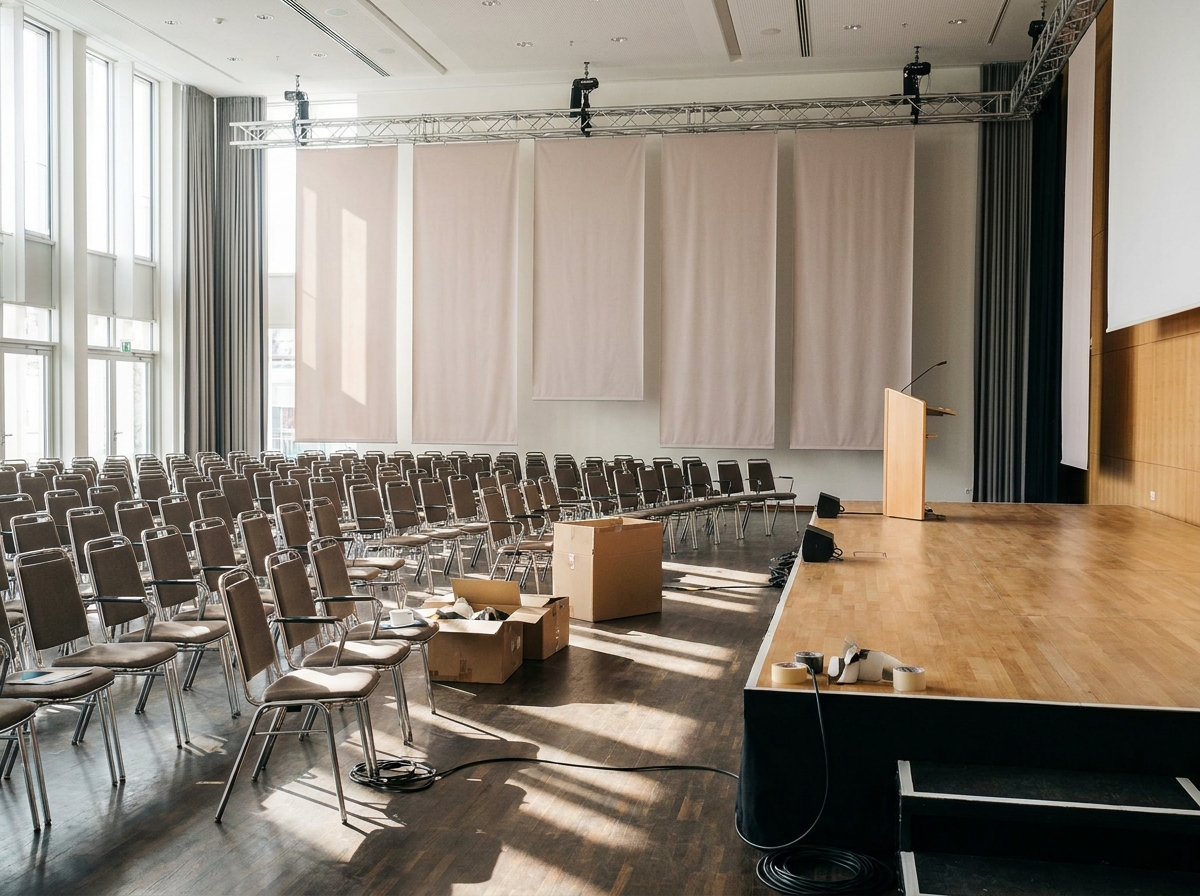 A conference room being prepared for a nonprofit community awareness event.