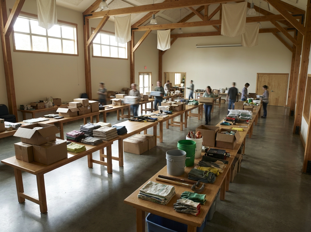 A community hall set up for a charity volunteer sign-up and coordination event.