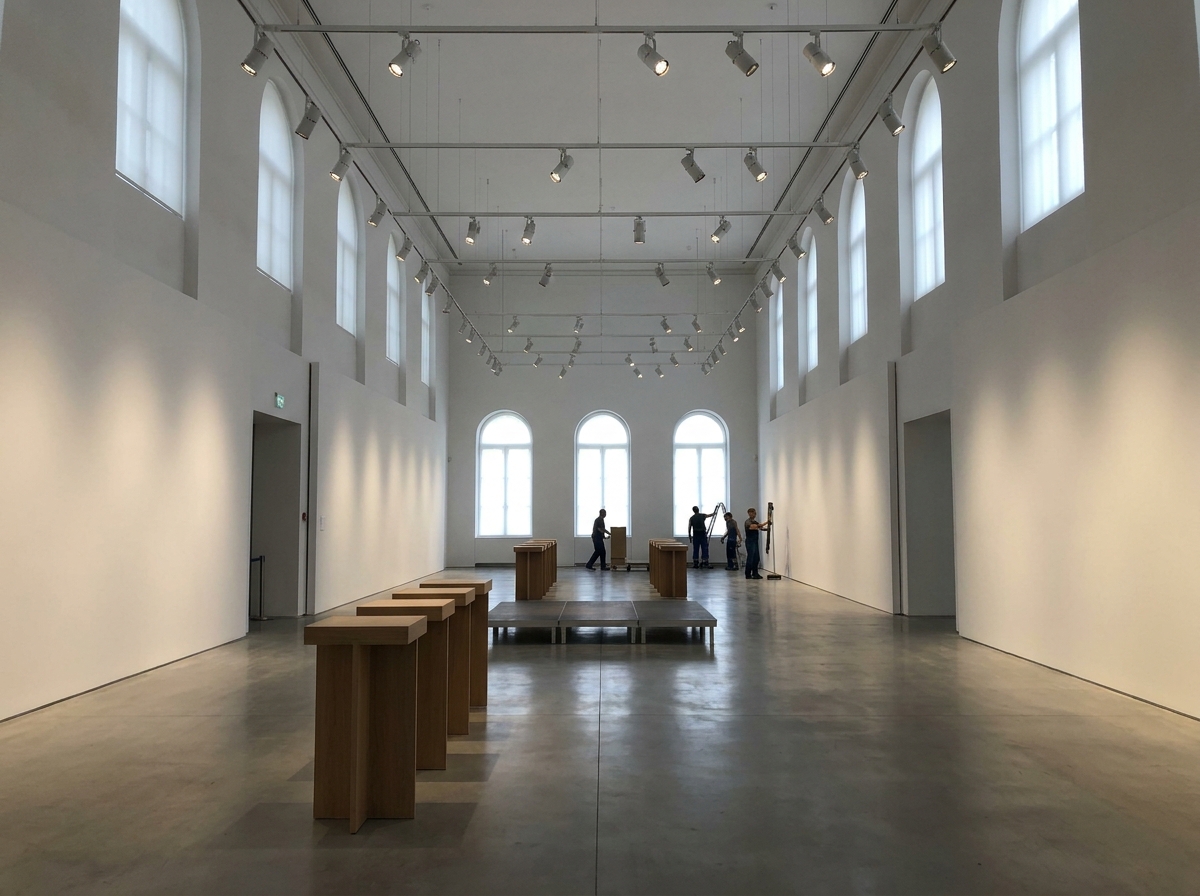 A modern art gallery being prepared for a charity auction fundraiser.