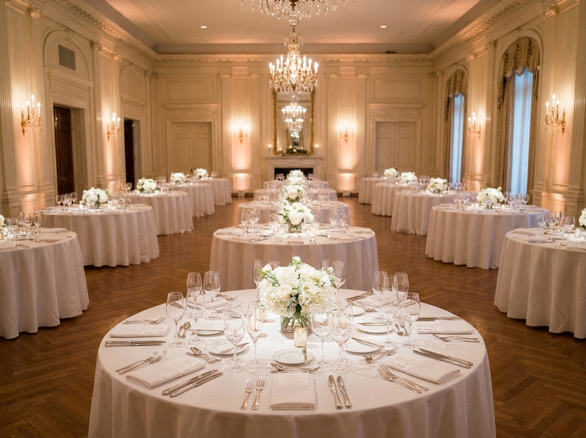 A ballroom set for a women's organization fundraising gala.