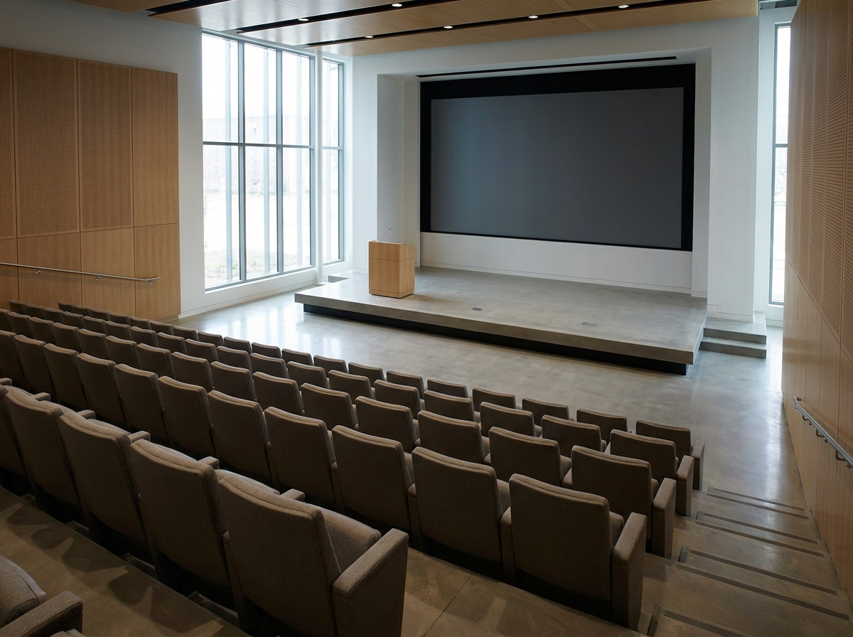 An empty auditorium awaiting attendees for a diversity summit.