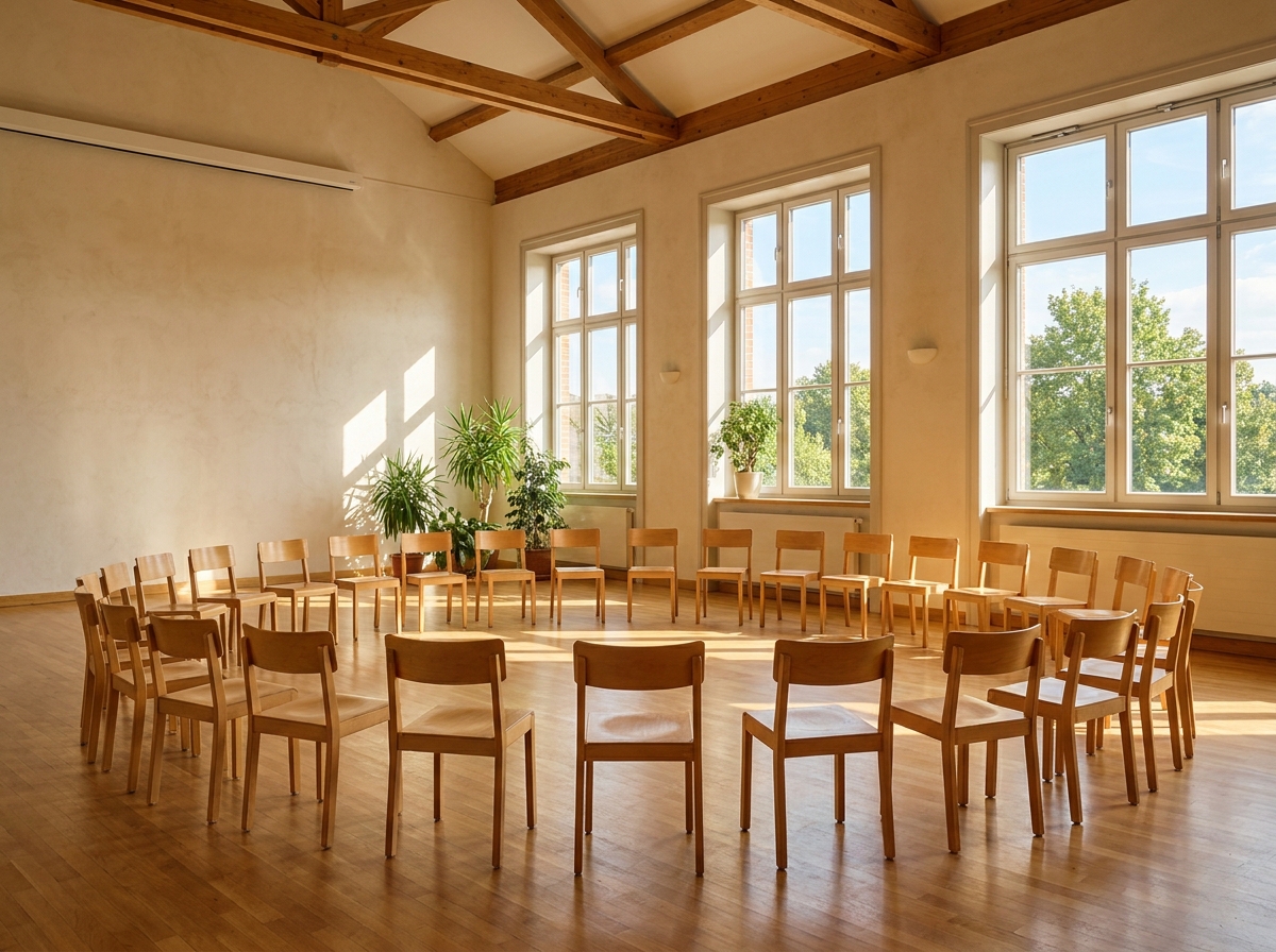 An empty room prepared for a women's community workshop event.