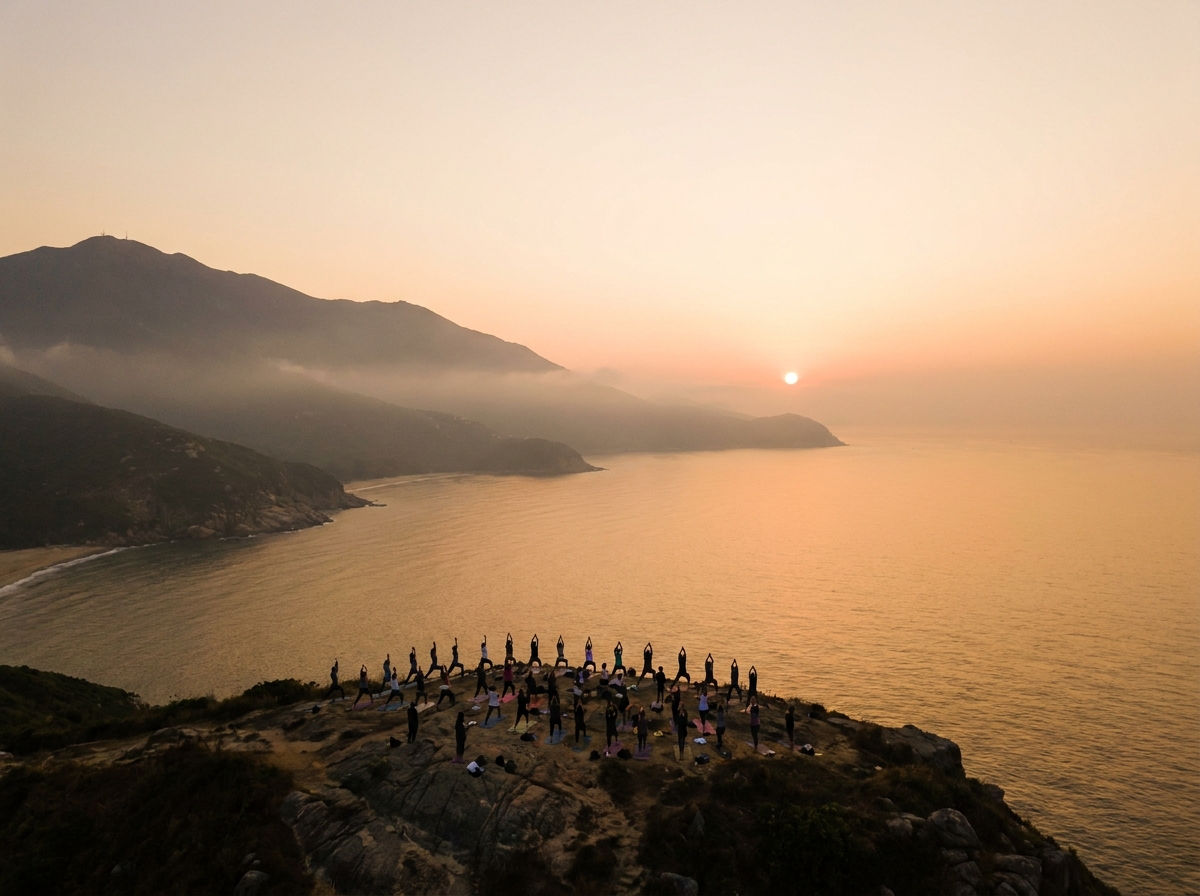 A group of people practicing yoga outdoors at sunrise during a wellness retreat.