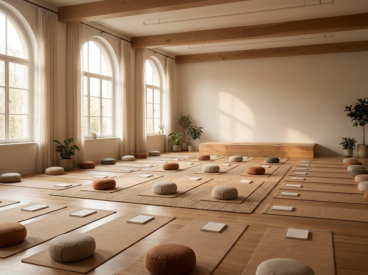 An inviting wellness workshop room with yoga mats and journals set up for attendees.