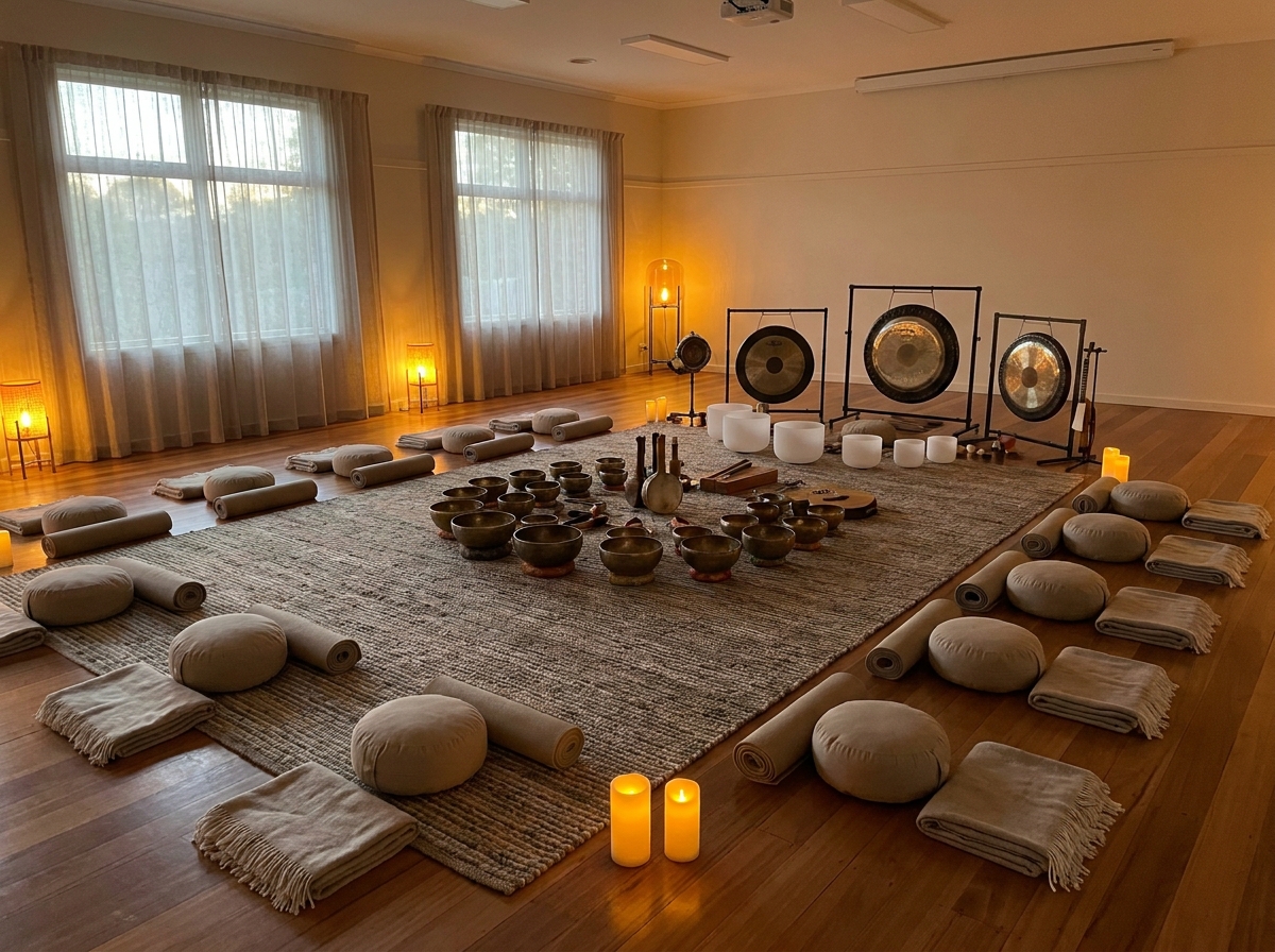 An empty room prepared for a sound bath meditation, with instruments and cushions.