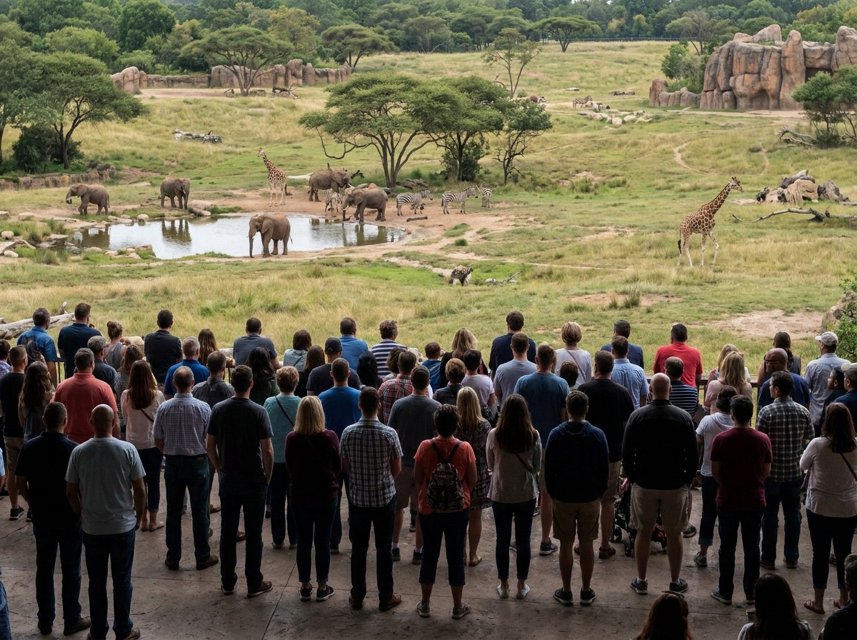 Visitors enjoying a savanna exhibit, representing a successful zoo ticketing strategy.